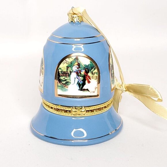 NEW Mr Christmas Ceramic Musical Trinket Box Bell Ornament Blue Boy Snowman - Picture 1 of 4